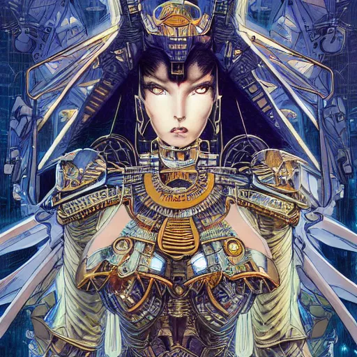 Prompt: portrait of mad egyptian mech queen, symmetrical, by juan gimenez, yoichi hatakenaka, masamune shirow, josan gonzales and dan mumford, ayami kojima, takato yamamoto, barclay shaw, karol bak, yukito kishiro, drawing, illustration, clear line