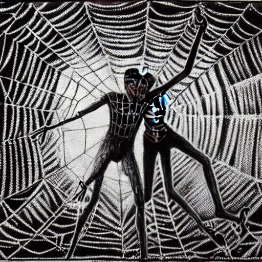 Image similar to a drawing of two people standing in front of a spider web, a surrealist painting by david wojnarowicz, behance contest winner, psychedelic art, chalk art, dystopian art, academic art