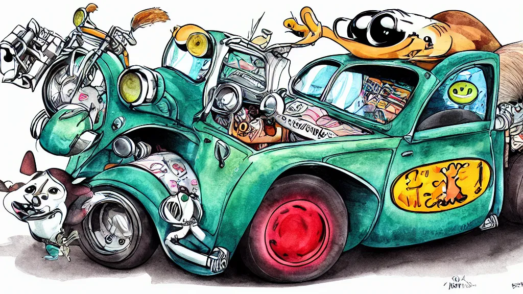 Prompt: cute and funny, racoon riding in a tiny hot rod coupe with oversized engine, ratfink style by ed roth, centered award winning watercolor pen illustration, by james nyika, edited by range murata