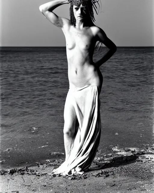 Prompt: photographic portrait of Medusa on Greek beach full body Annie Herb Ritts