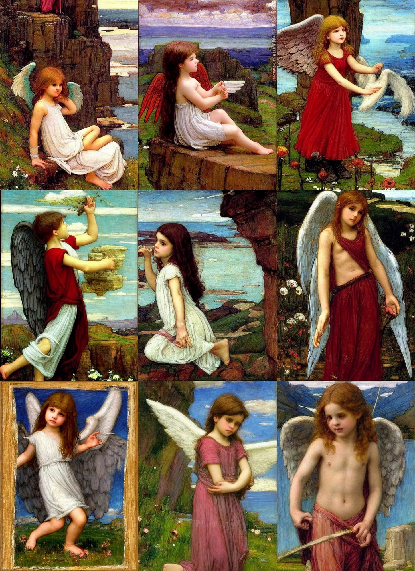 Prompt: cute angel with epic landscape in the style of John William Waterhouse