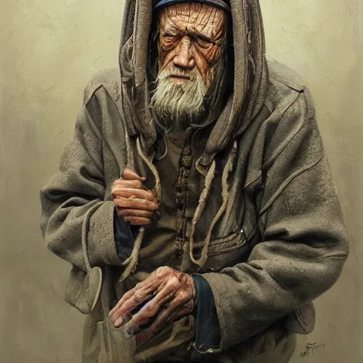 Prompt: a beatiful painting of portrait, A tall hunched wrinkled old fisherman, cyberpunk, by Mizuri AU and Soufiane Idrassi and BONDARTS and Tomasz Alen Kopera and Klaus Wittmann and Deathburger and Daniel Romanovsky and Aku, trending on artststion