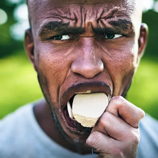 Prompt: a man angrily eating cement