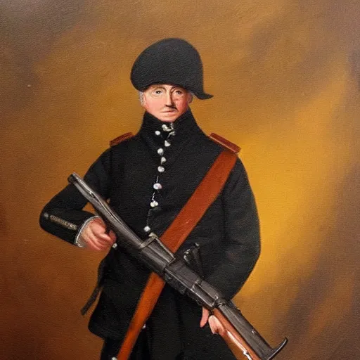 Image similar to 18th century Prussian soldier holding a MP40 submachinegun, oil painting, trending on ArtStation