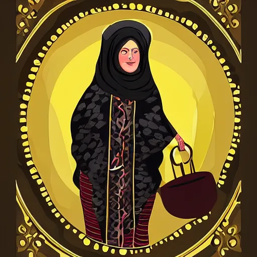 Image similar to a babushka hits a gong in a dark ballroom, she wears a dune - inspired outfit and accessories with a bit of spice from the world she is from, digital art