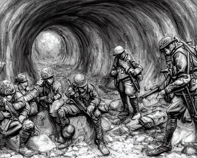 Image similar to Soldiers in despair in a world war 1 tunnel, black and white, amazing digital art, hyper detailed, artstation, in the style of Tony Sart