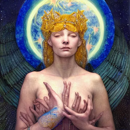 Image similar to queen of the moon with stars in her hair, by annie swynnerton and donato giancola and diego rivera and nicholas roerich and jean delville and charlie bowater and dulac, dramatic lighting, god rays, geometric tattoos, rich colors, smooth sharp focus, extremely detailed, leo and diane dillon, adolf wolfli