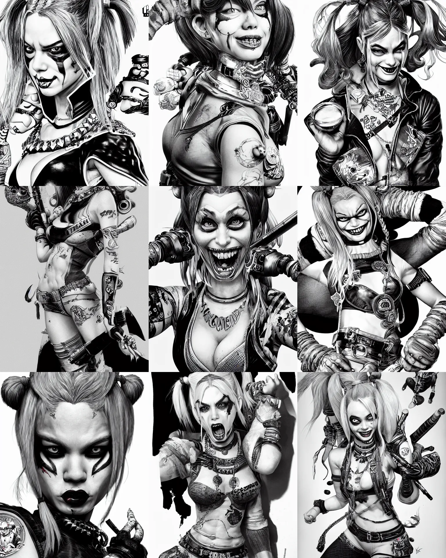 Image similar to highly detailed ink illustration of harley quinn, unreal engine, octane render, b & w clean shaped illustration by kim jung gi, ron english and eiichiro oda