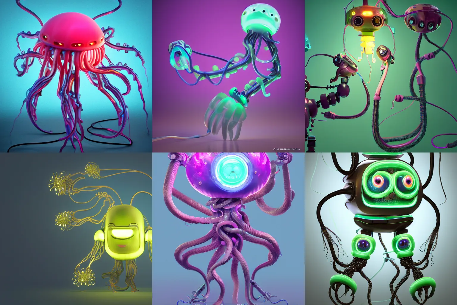Prompt: funny, cute, cute, smiling, screaming, Tintoy Characterdesign Robot neon jellyfish tentacles anr wires hard surface modelling, by Eddie Mendoza, by Peter mohrbacher, Pictoplasma bioluminescent biomechanical halo, by jarold Sng, by disney, by tooth wu, octane render, cinematic light, high details, dichroic, cgsociety, by jonathan ive