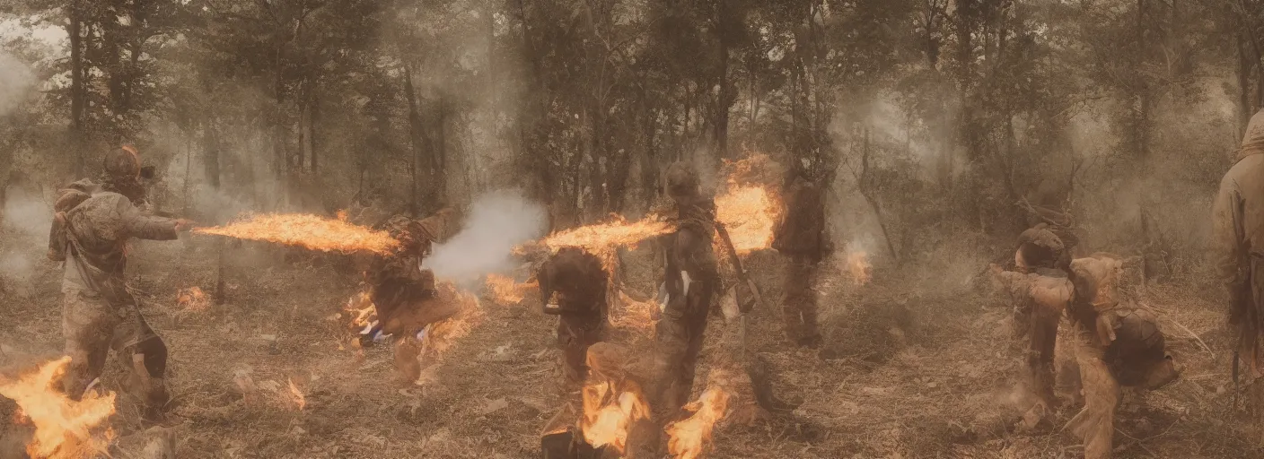 Image similar to a guy firing from a flamethrower napalm, film footage porta 4 0 0 golden, epic burst of fire, cinematic contrast shot