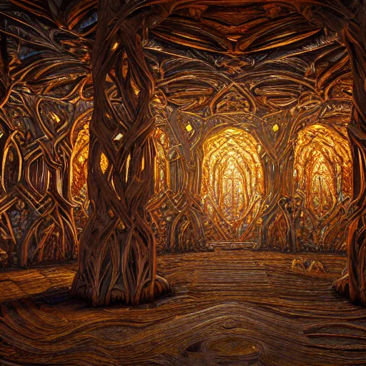 Image similar to Photorealistic magic elven temple made of intricately woven birch woodwork. Hyperdetailed photorealism, 108 megapixels, amazing depth, glowing rich colors, powerful imagery, psychedelic Overtones, 3D finalrender, 3d shading, cinematic lighting, artstation concept art