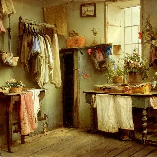 Image similar to detailed painting of a laundry room, floral ornaments, andreas achenbach,