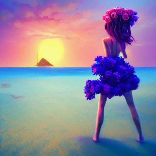 Image similar to portrait, giant rose flower head, girl dancing at the beach, surreal photography, sunrise, blue sky, dramatic light, impressionist painting, digital painting, artstation, simon stalenhag