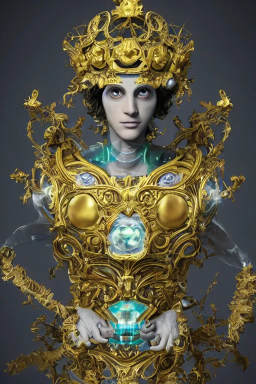 Image similar to full-body baroque and space age style sculpture of a young handsome Spanish android prince with a chest exposing a large glowing blue diamond, glowing yellow laser eyes, crown of white gears and diamonds, swirling green-colored silk fabric, baroque elements. full-length view. intricate artwork by caravaggio. Trending on artstation, octane render, cinematic lighting from the right, hyper realism, octane render, 8k, depth of field, 3D