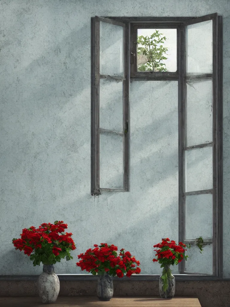 Prompt: a single old house window with a vase of red flowers with view to a sunrise, blue wall, a wooden chair near the window, concept art, octane render, unreal engine 5, trending on deviantart, highly detailed, high quality, hd, digital painting, masterpiece, geometric, symmetrical, low contrast, beautiful, high coherence, natural lighting, intense lighting