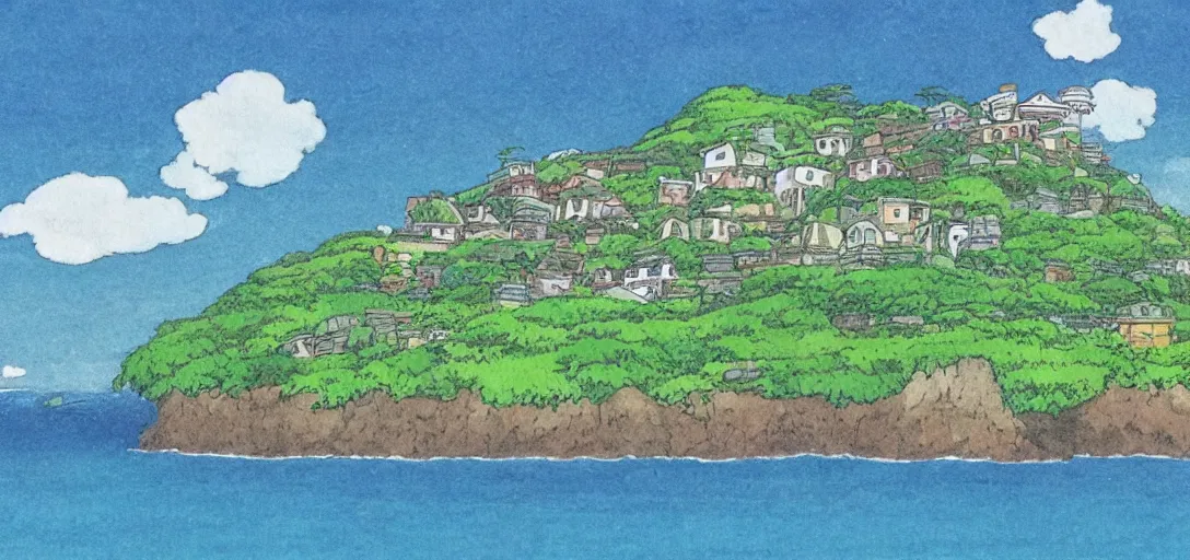 Prompt: studio ghibli style, hilly countryside and ocean