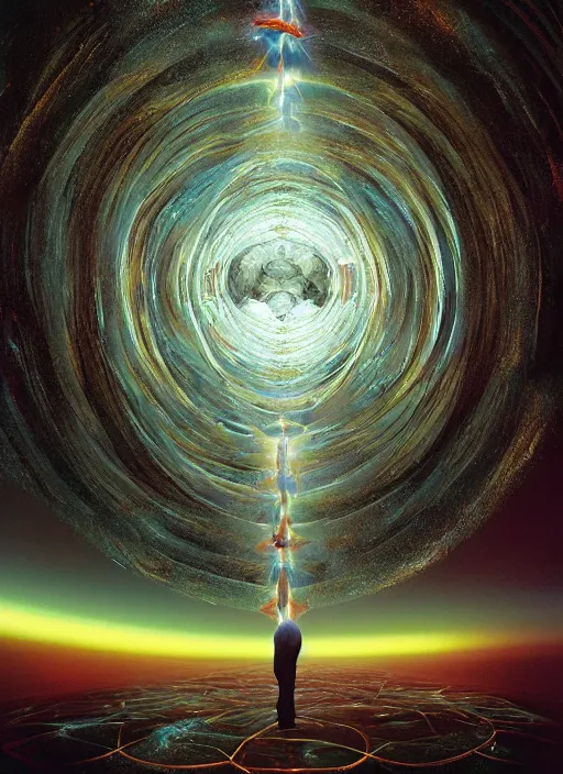 Image similar to the expansion of self realization, portrait, while tipping hallucinogenic dmt, space and time bending into a vortex of subjective reality, event horizon from within, ron walotsky, michal karcz