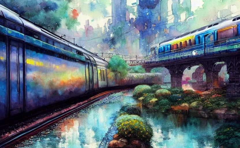 Image similar to an urban train rides inside of a waterway on a fantasy city. intricate, amazing composition, colorful watercolor, by ruan jia, by maxfield parrish, by marc simonetti, by hikari shimoda, by robert hubert, by zhang kechun, illustration, gloomy