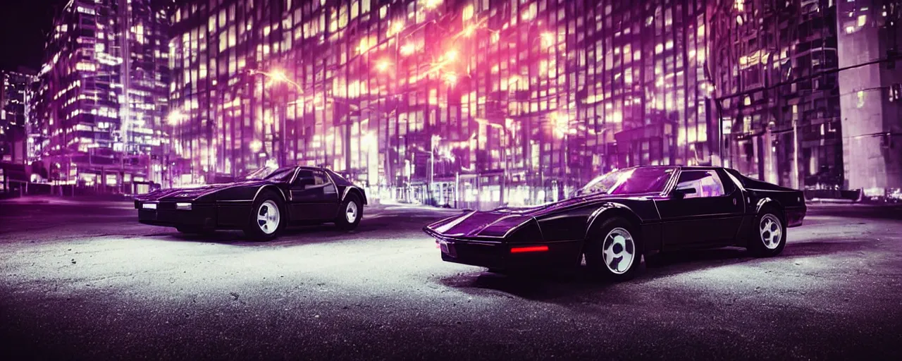 Image similar to 80s black sports knightrider KITT car parked on deserted city street at night time purple lighted street retro-wave vibes grainy soft motion blur