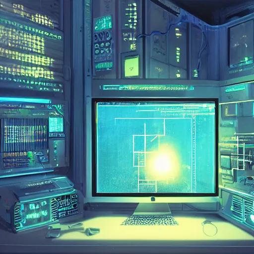 Image similar to Scientist studying IBN computer with familiar 80s GUI, highly detailed art, Hiromasa Ogura, digital art by Greg Rutkowski and Beeple, Blue & Gold LED lights, Octane Render