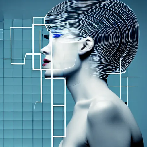 Image similar to beautiful elegant woman seen in profile, from the side, haloed by an explosion of microsoft excel chart lines and graphs by rik oostenbroek, simple contrasted color, white background