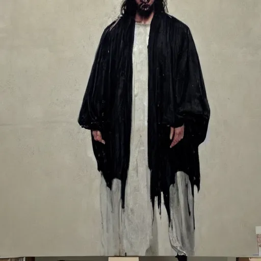 Image similar to a full body lookbook portrait of modern - day jesus wearing cream yeezy and fear of god menswear collection by nicola samori, detailed, oil painting, hyper - realistic, 8 k, yeezy collection