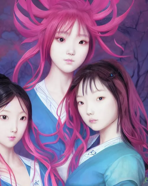 Image similar to Full shot of a beauty portrait anime schoolgirls under dark pink and blue water, intricate abstract. infrared, symmetrical facial features.concept art by D. Jun, by Mo Xiang Tong Xiu, by Igarashi Daisuke and WLOP and Ross Tran and William-Adolphe Bouguereau and Beeple. Key Art. Fantasy Illustration. award winning, Artstation, intricate details, realistic, Hyperdetailed, 8k resolution, 3d