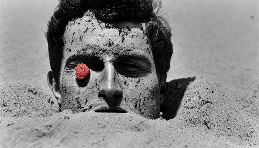 Prompt: 1 9 6 0 s movie still close up of marcus atilius regulus eyelids riped off bloody eyes looking directly at the sun his body buried in the sand, cinestill 8 0 0 t 3 5 mm b & w, high quality, heavy grain, high detail, texture, dramatic light, anamorphic, hyperrealistic, detailed hair