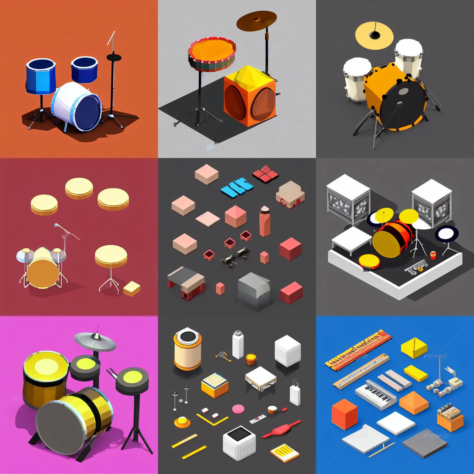 Prompt: isometric 3 d icon of a drumkit, low poly