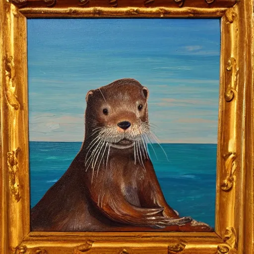 Prompt: An otter dressed as a pirate sitting on the beach, oil on canvas painting