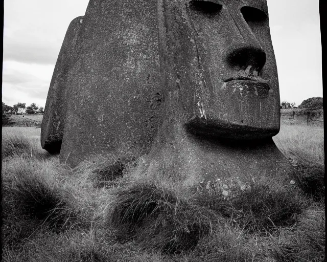 Image similar to black and white noir film with moai