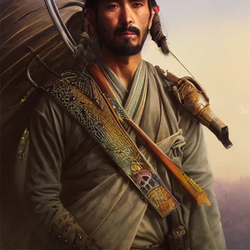 Image similar to Hyper realistic detailed portrait of Kurdish samurai, Stephen Bliss, unreal engine, fantasy art by Greg Rutkowski, Loish, Rhads, ferdinand knab, Makoto Shinkai and Lois van baarle, ilya kuvshinov, rossdraws, Tom Bagshaw, alphonse mucha, global illumination, radiant light, detailed and intricate environment, highly detailed, award winning art