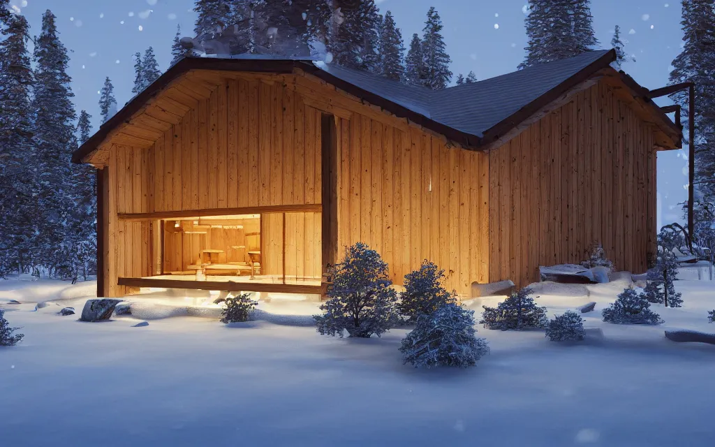 Image similar to finnish sauna architectural visualization, hotel, winter scene, cozy, corona render, rendered in vray, evening light, lakeside, dof, mountainous landscape, pine forest, evermotion, ronen bekerman, contest winner, archviz, peter guthrie, ultradetailed, photorealistic, mir. no