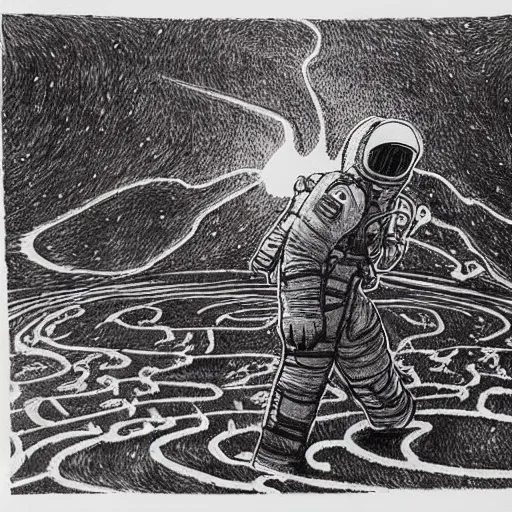 Prompt: highly detailed black work drawing of an astronaut on fire walking through a dystopian desert