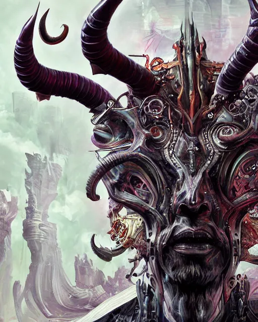 Image similar to a painting of a demon with large horns, cyberpunk art by Android Jones, zbrush central contest winner, fantasy art, apocalypse art, detailed painting, intricate