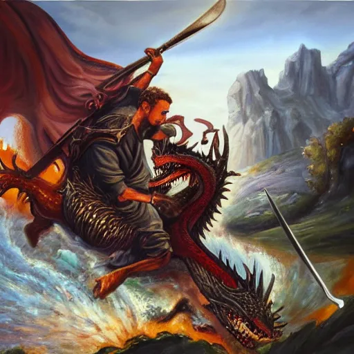 Prompt: a detailed oil painting of an action filled scene depicting jordan peterson slaying a dragon with a sword