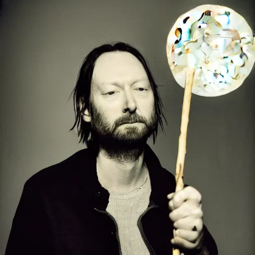 Image similar to Radiohead, holding the moon upon a stick, with a beard and a black jacket, a portrait by John E. Berninger, dribble, neo-expressionism, uhd image, studio portrait, 1990s