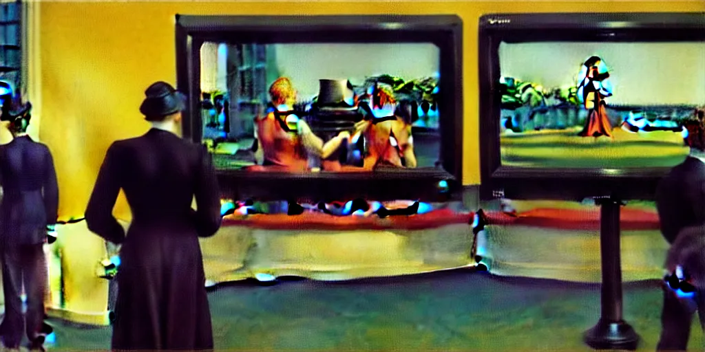 Image similar to edward hopper painting of a crt television broadcasting propaganda outside of the screen, lots of people standing around with no eyes. one normal person with eyes, a young man, frightened about what is going on around him s 1 5 0