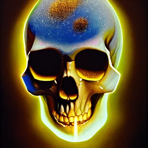 Prompt: peer into the depths of the endless cosmic void, shine a light on your darkest terror the crystal skull of the wizard claybore, robert vardeman oil on canvas, photographic hyperrealism