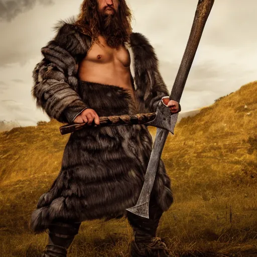 Image similar to a dnd barbarian wearing a fur coat, shoulder armor and holding an axe, high resolution film still, 4k, HDR color