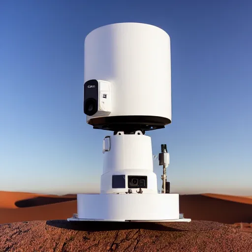 Image similar to sleek white industrial drone, with googly eyes, for monitoring the australian desert, XF IQ4, 150MP, 50mm, F1.4, ISO 200, 1/160s, dawn, golden ratio, rule of thirds