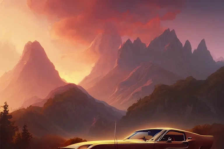 Image similar to a 1 9 6 8 mustang driving down a country road, coriolios rpg art style, full of details, warm sunset colors, matte painting, artstation, 8 k, hyperrealistic, style of peter mohrbacher, album cover, extreme long shot, mountains