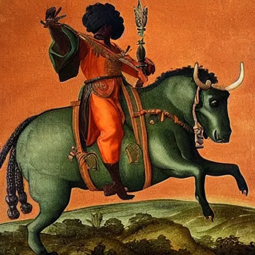 Prompt: black man with afro hair wearing an army green cloak, ( ( ( riding an orange bull ) ) ), renaissance style painting, stunning detail and accuracy