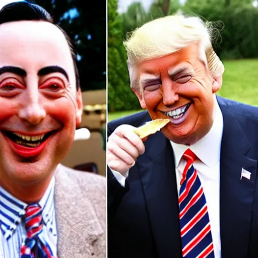 Image similar to Peewee Herman and Donald Trump eating a sandwich, smiling huge