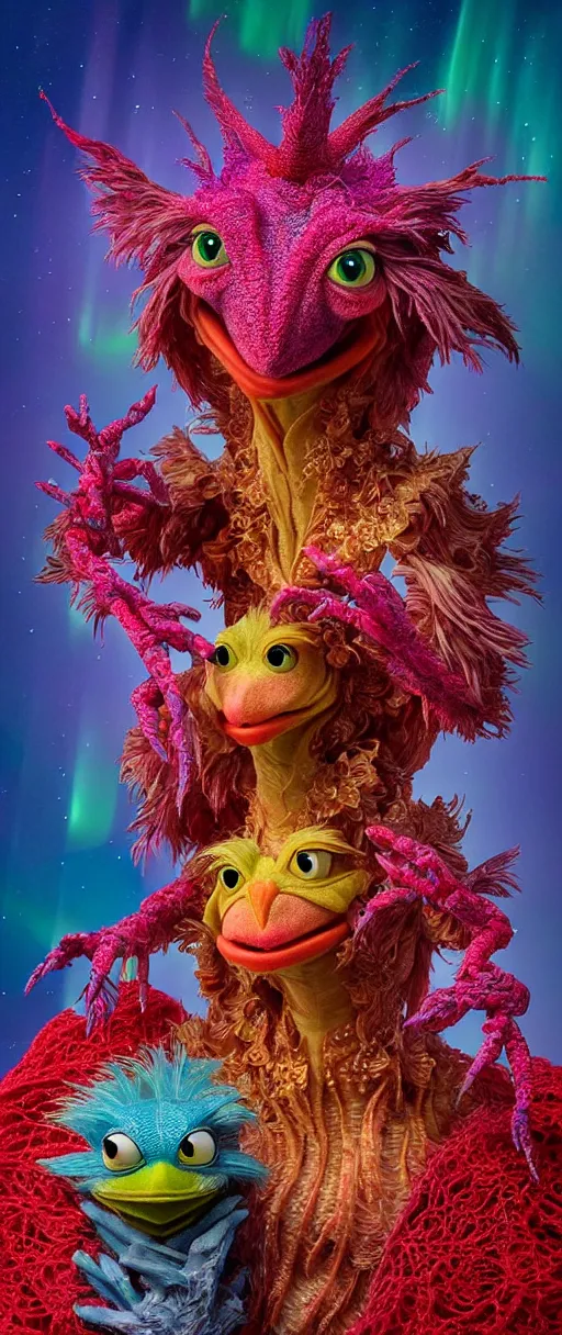 Image similar to hyper detailed 3d render like a Oil painting - kawaii portrait of two Aurora (a beautiful skeksis muppet fae princess protective playful expressive from dark crystal that looks like Anya Taylor-Joy) seen red carpet photoshoot in UVIVF posing in scaly dress to Eat of the Strangling network of yellowcake aerochrome and milky Fruit and His delicate Hands hold of gossamer polyp blossoms bring iridescent fungal flowers whose spores black the foolish stars by Jacek Yerka, Ilya Kuvshinov, Mariusz Lewandowski, Houdini algorithmic generative render, Abstract brush strokes, Masterpiece, Edward Hopper and James Gilleard, Zdzislaw Beksinski, Mark Ryden, Wolfgang Lettl, hints of Yayoi Kasuma and Dr. Seuss, octane render, 8k