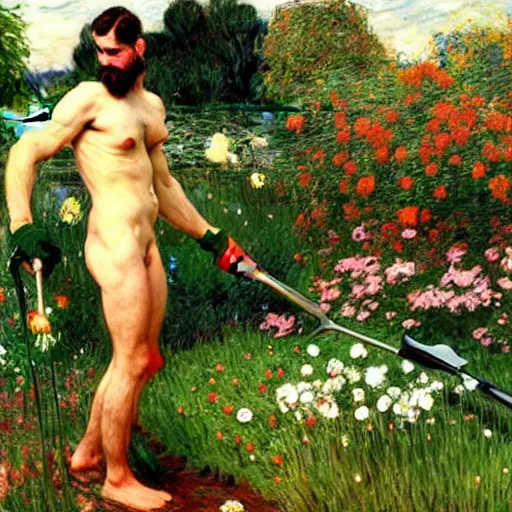 Image similar to attractive man gardening by his idyllic home, painting by tom of finland, john william waterhouse, claude monet