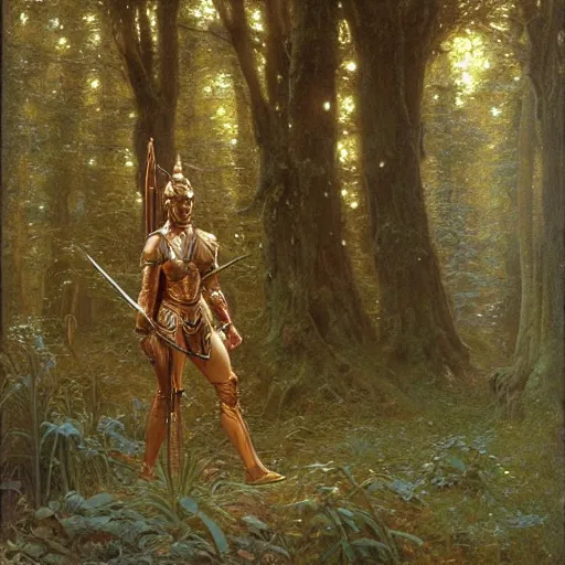 Image similar to a detailed, beautiful oil painting of a warrior wearing intricate, etched copper armor in an ancient forest, by michael whelan, donato giancola, and william adolphe bouguereau