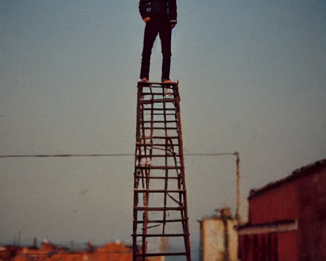 Image similar to lomo photo of man standing on the roof of soviet hrushevka, small town, cinestill, bokeh, out of focus