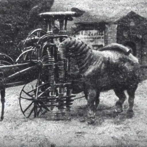 Prompt: grainy 1800s photo of a very large mechanical animal used to transport people