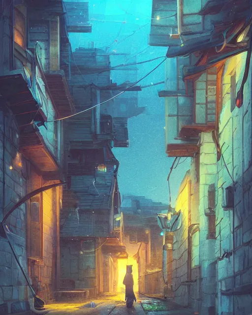 Prompt: a cat padding down an alleyway, adventure, nightfall. Quiet, serene, calm night. Digital illustration, very vibrant colors, soft lighting, atmospheric lighting, 8K, octane render. By Makoto Shinkai, Stanley Artgerm Lau, WLOP, Rossdraws, warriors fan art, James Jean, Andrei Riabovitchev, Marc Simonetti, krenz cushart, Sakimichan, D&D trending on ArtStation, digital art.